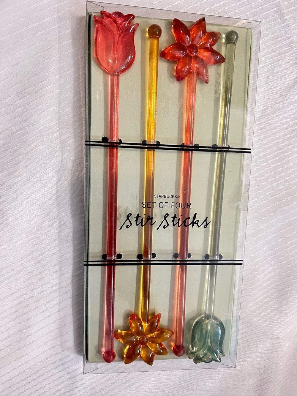 Starbucks 4 Pcs Translucent Floral Stir Sticks - Red, Orange, Yellow, Green New